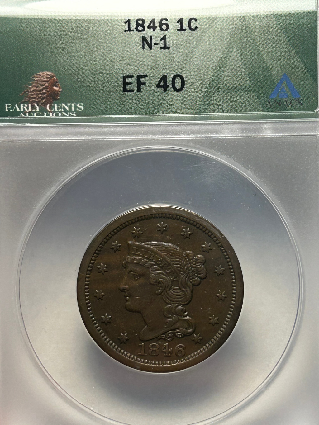 1846 Braided Hair Large Cent - ANACS EF 40