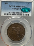 Coin in a protective case with grading information on a white background