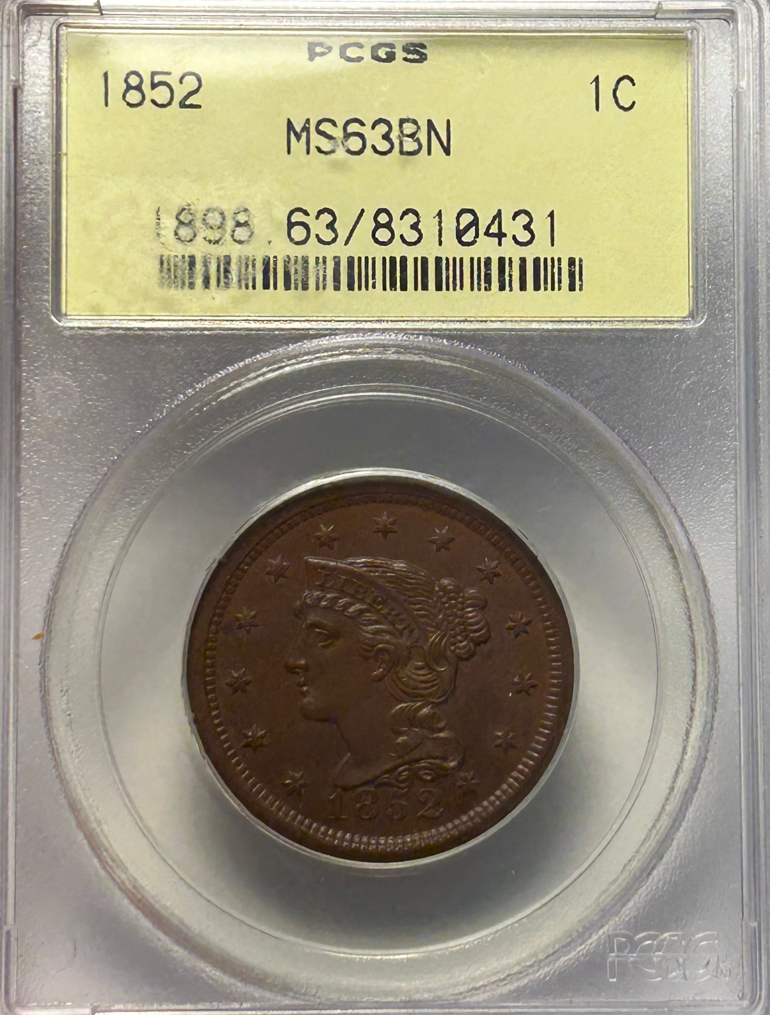 1852 Braided Hair Large Cent - PCGS MS-63 BN