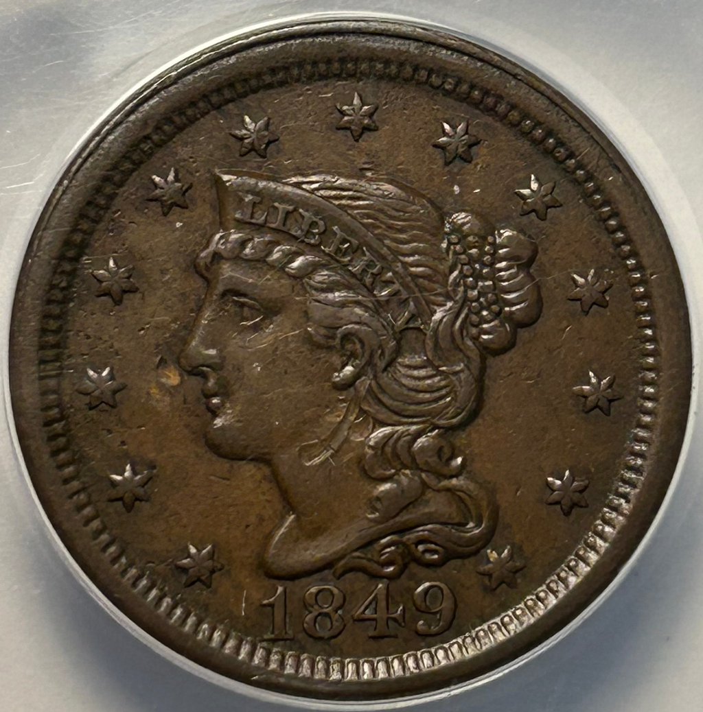 1849 Braided Hair Large Cent - ANACS AU 58 Details