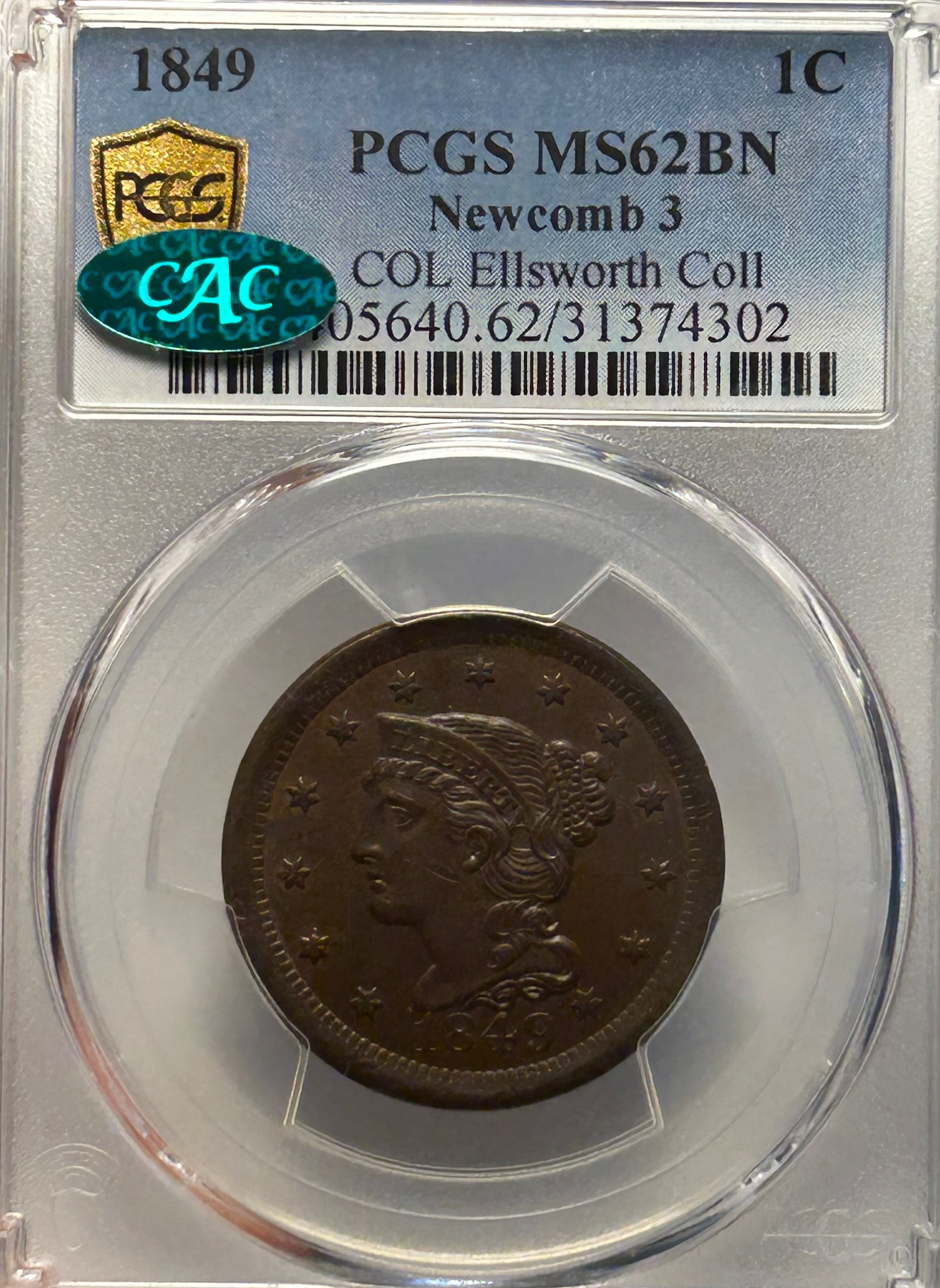 1849 Braided Hair Large Cent - PCGS MS-62 CAC