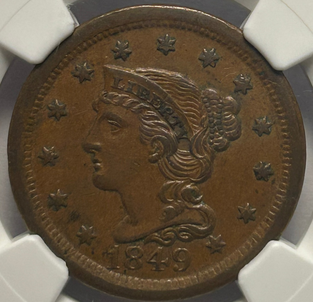 1849 Braided Hair Large Cent - NGC AU 55 CAC