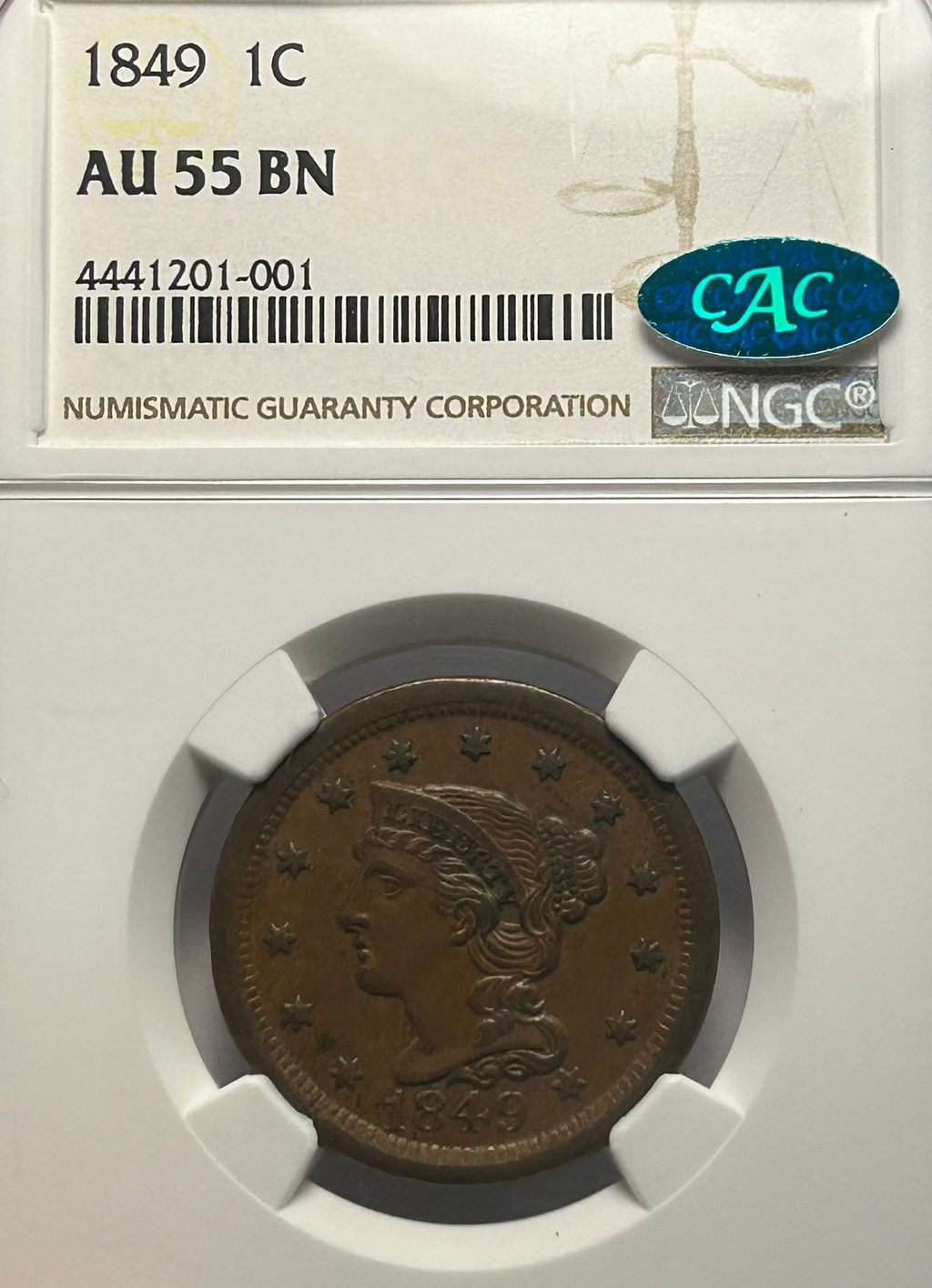 1849 Braided Hair Large Cent - NGC AU 55 CAC