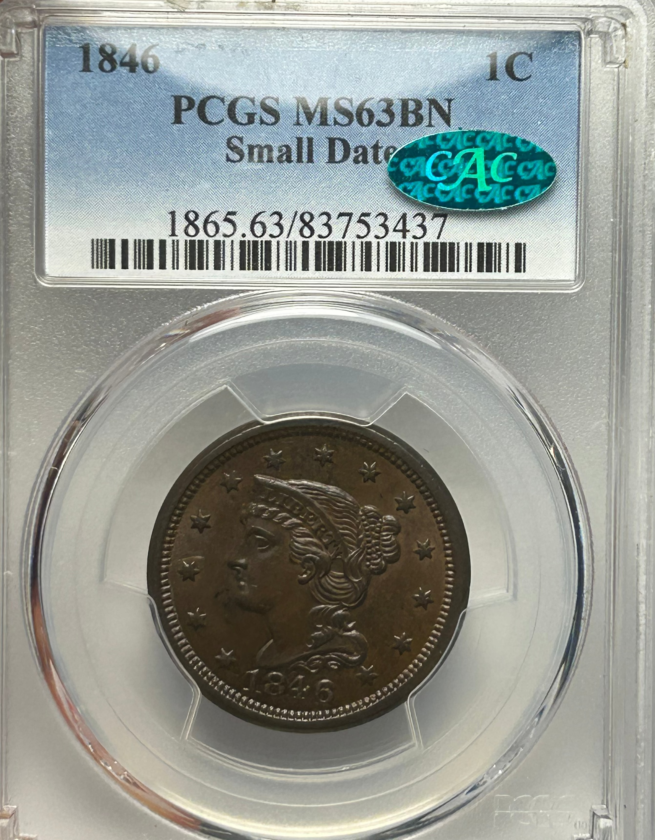 1846 Braided Hair Large Cent - PCGS MS-63 CAC
