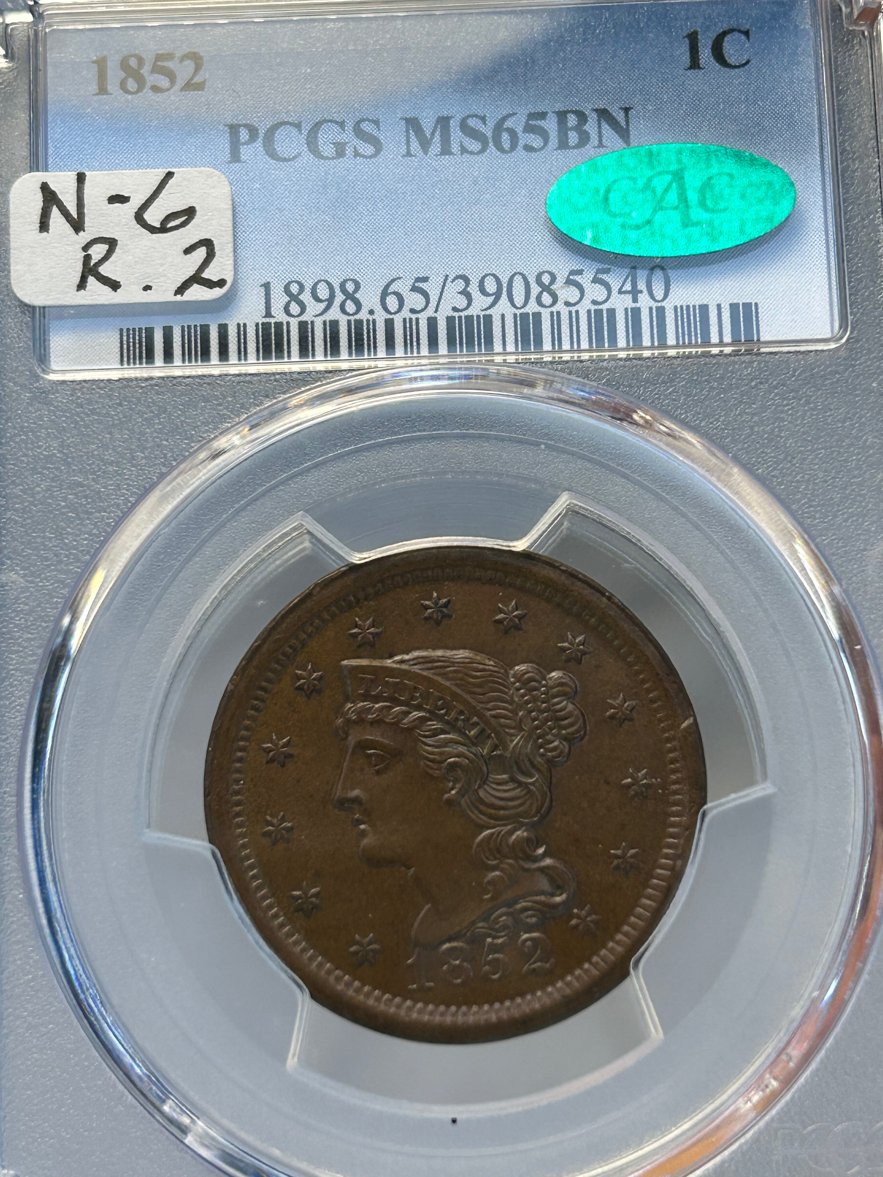 1852 Braided Hair Large Cent - PCGS MS-65 CAC