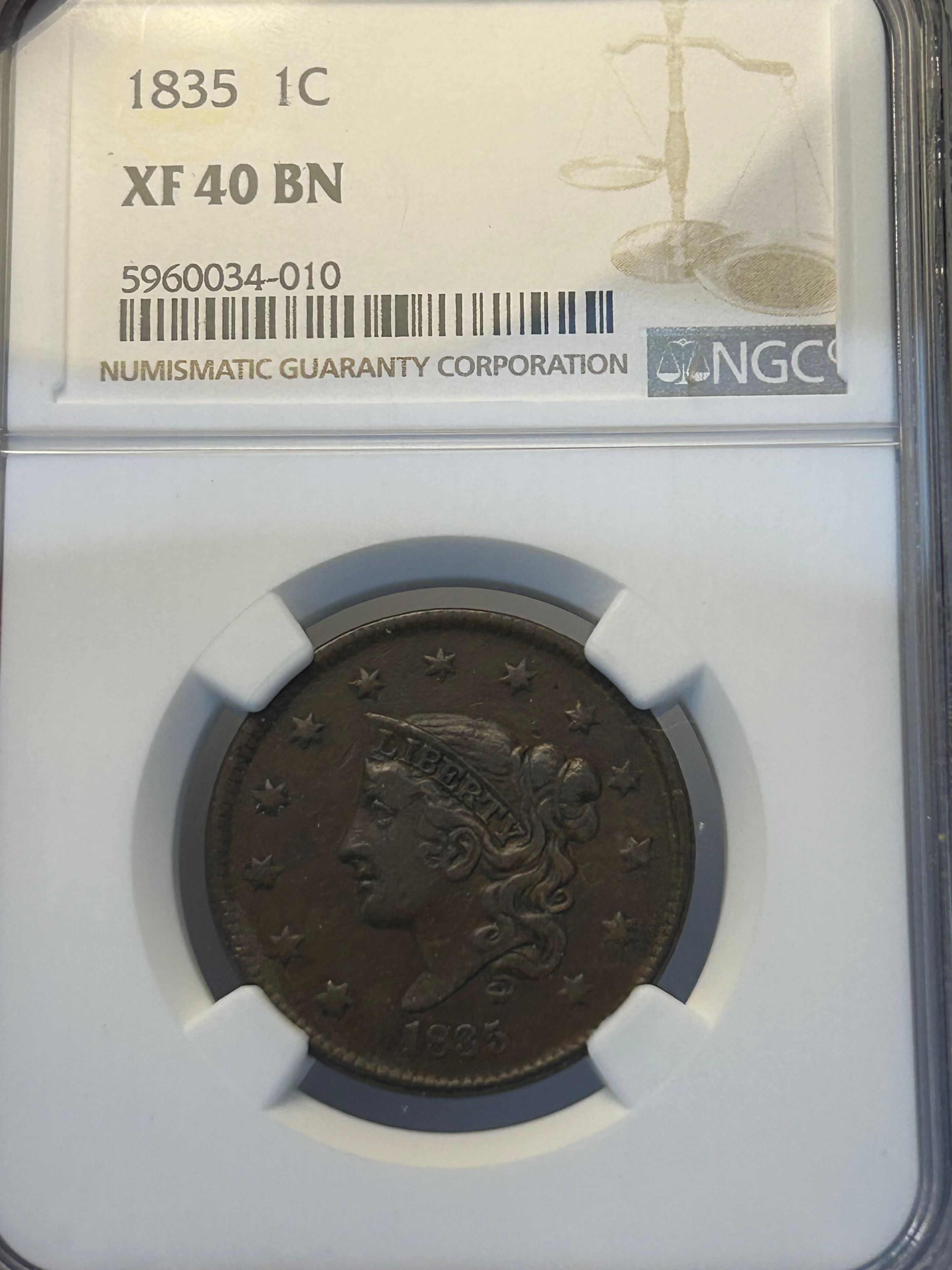 1835 Coronet Head Large Cent - NGC XF-40