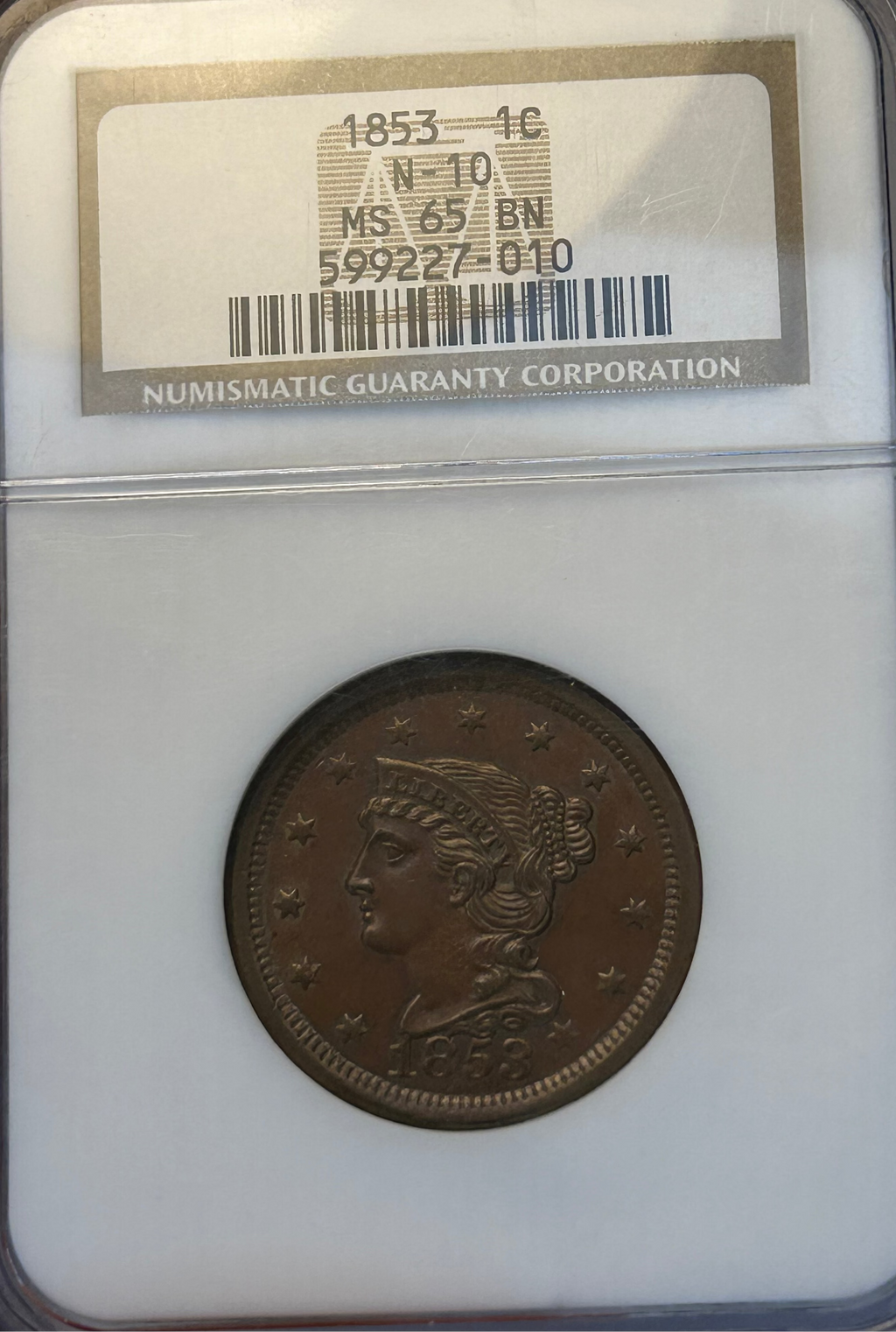 1853 Braided Hair Large Cent - NGC MS-65 BN