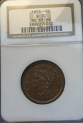 Vintage copper coin with a Numismatic Guaranty Corporation label on a white background