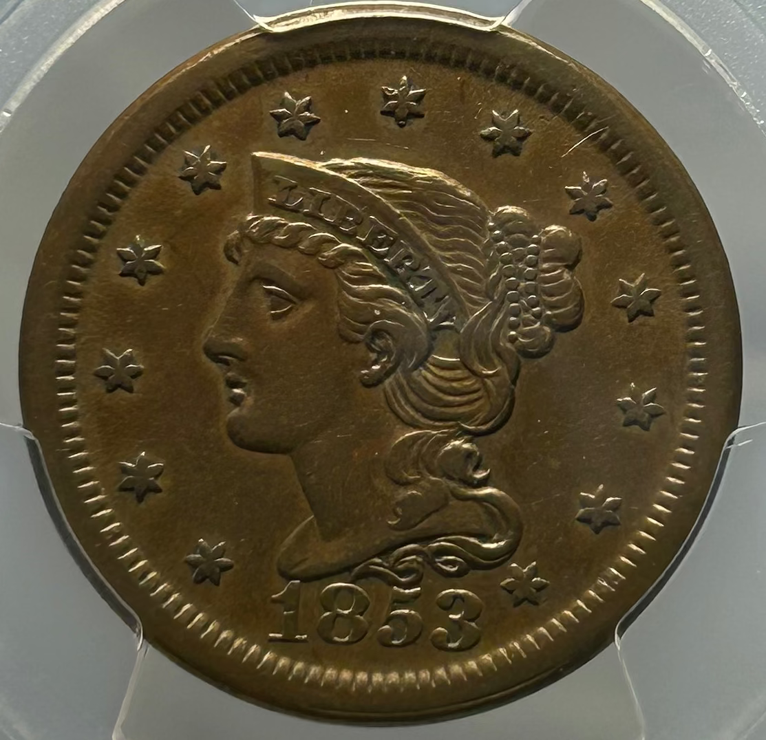1853 Braided Hair Large Cent - PCGS AU Details (Cleaned)