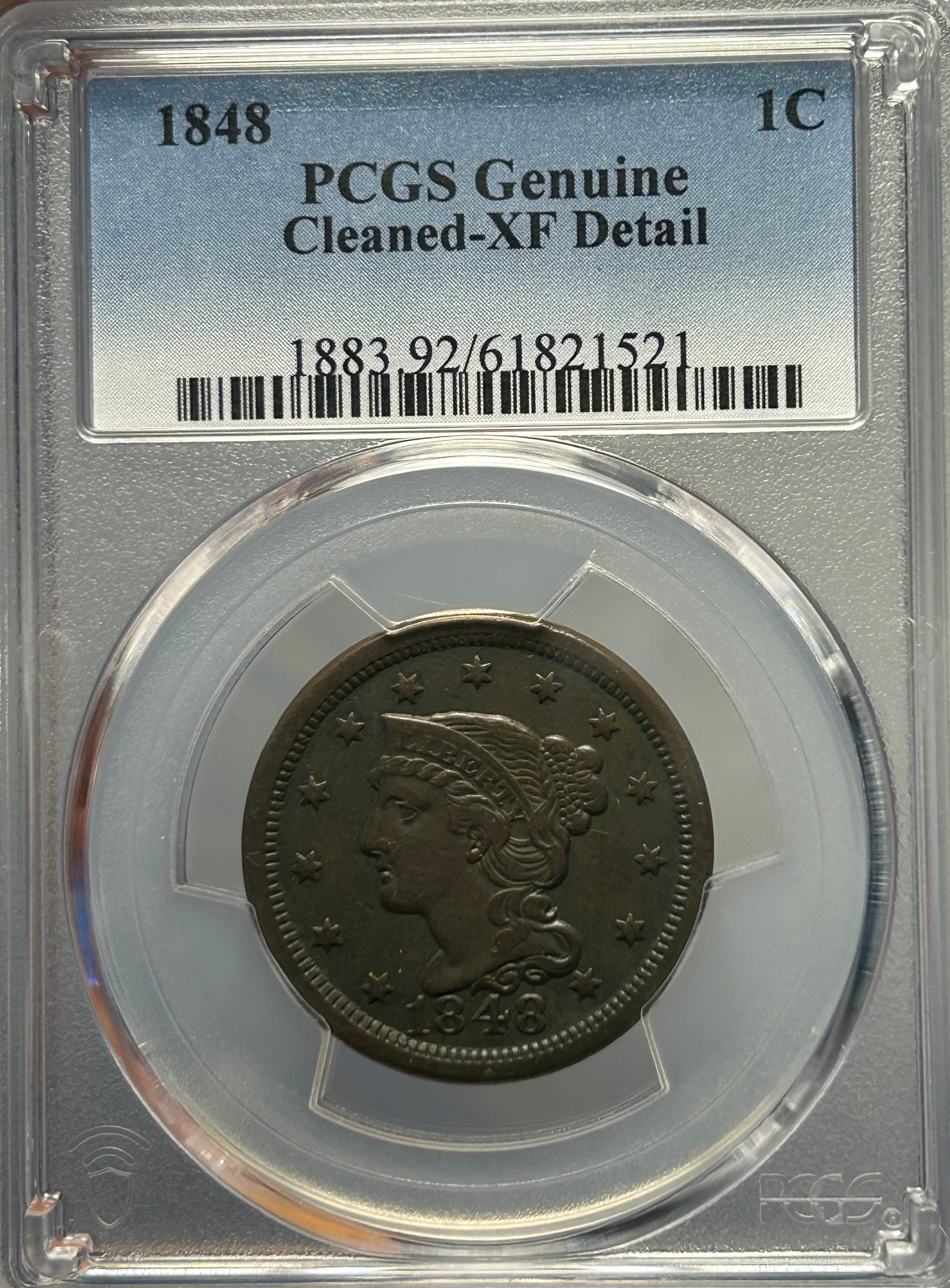 1848 Braided Hair Large Cent - PCGS XF Details (Cleaned)