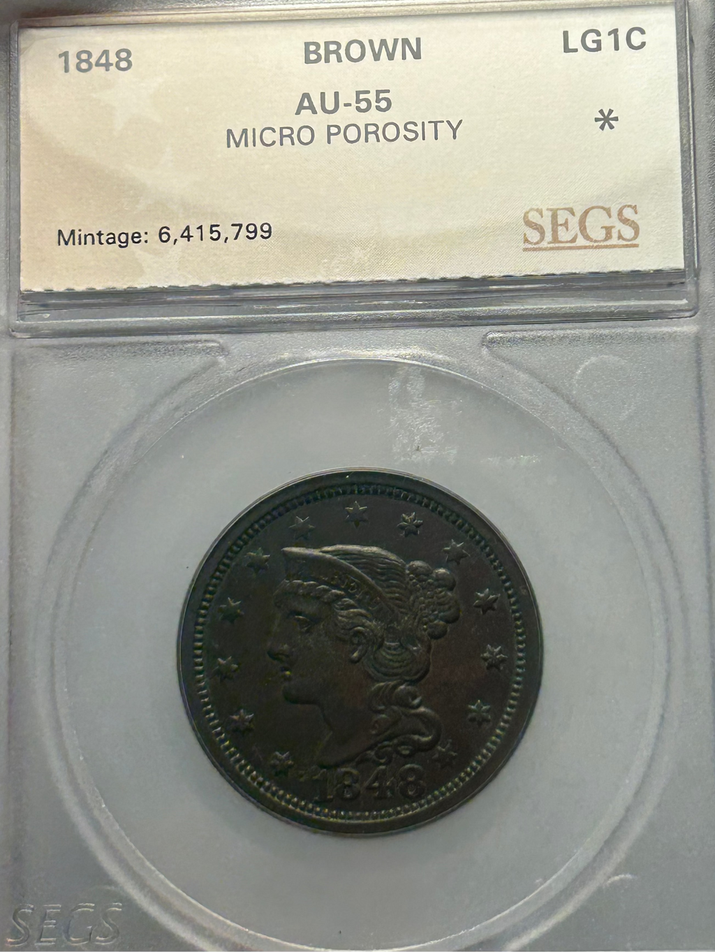 1848 Braided Hair Large Cent - SEGS AU-55
