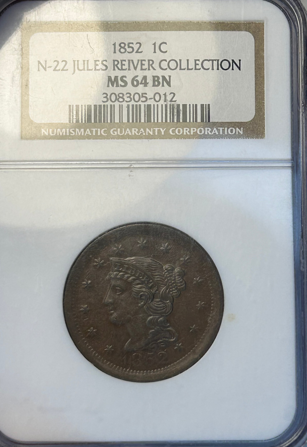 1852 Braided Hair Large Cent - NGC MS-64 BN