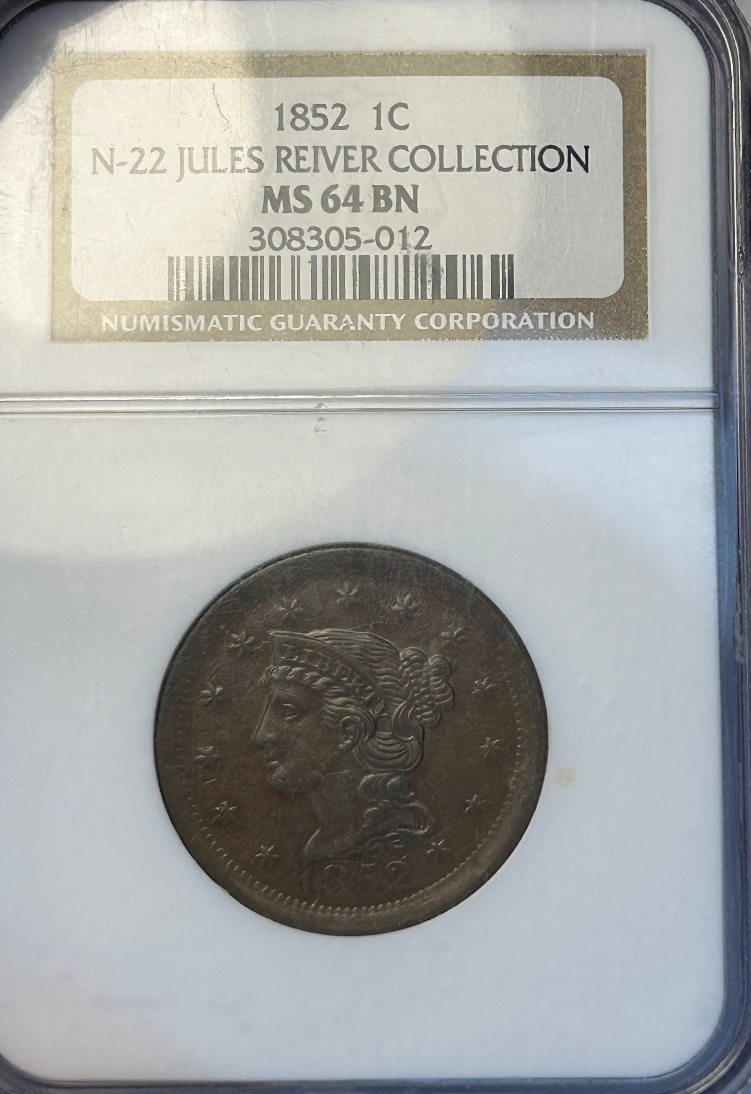 1852 Braided Hair Large Cent - NGC MS-64 BN
