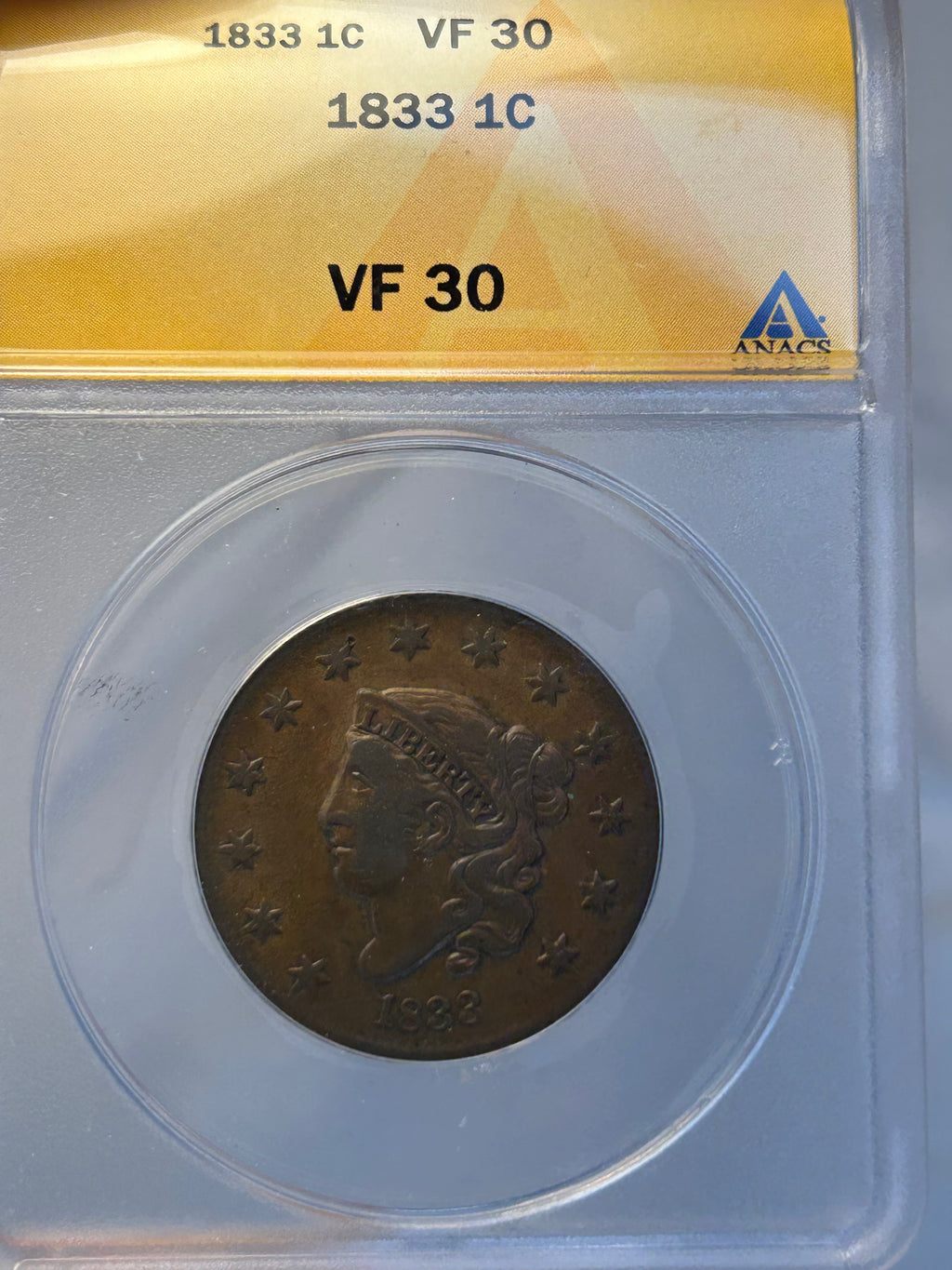 1833 Coronet Head Cent - ANACS VF-30