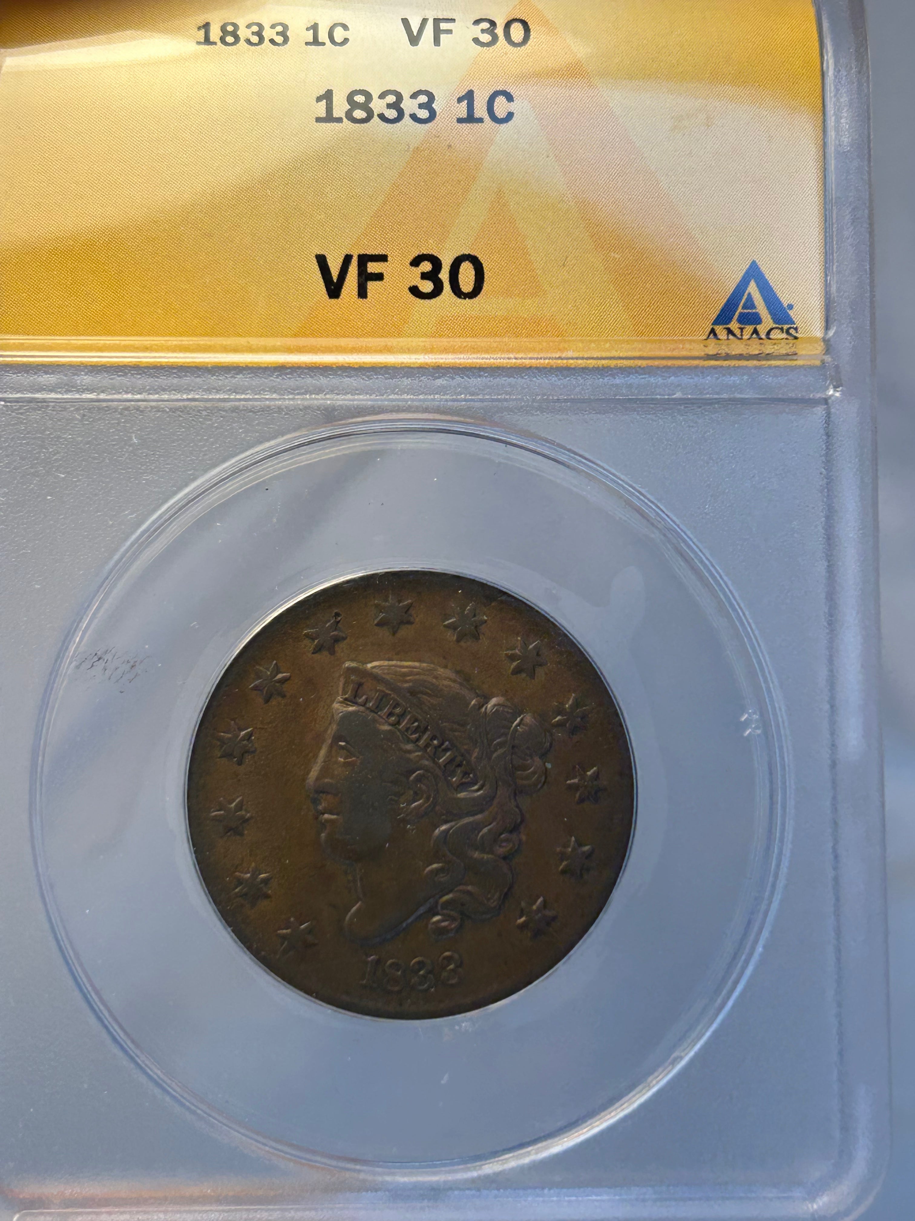 1833 Coronet Head Cent - ANACS VF-30