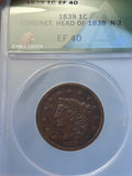 1839 Coronet Head cent coin in a protective case with grading information.