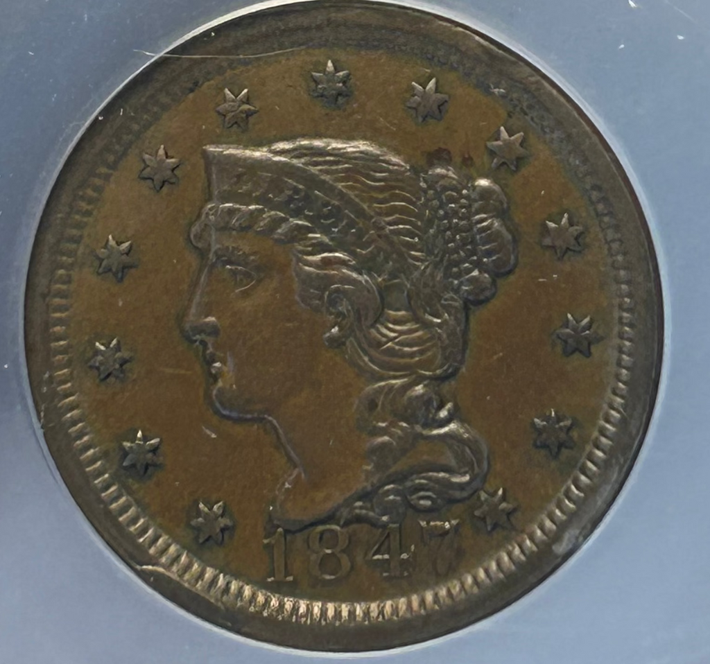 1847 Braided Hair Large Cent - ANACS EF-45