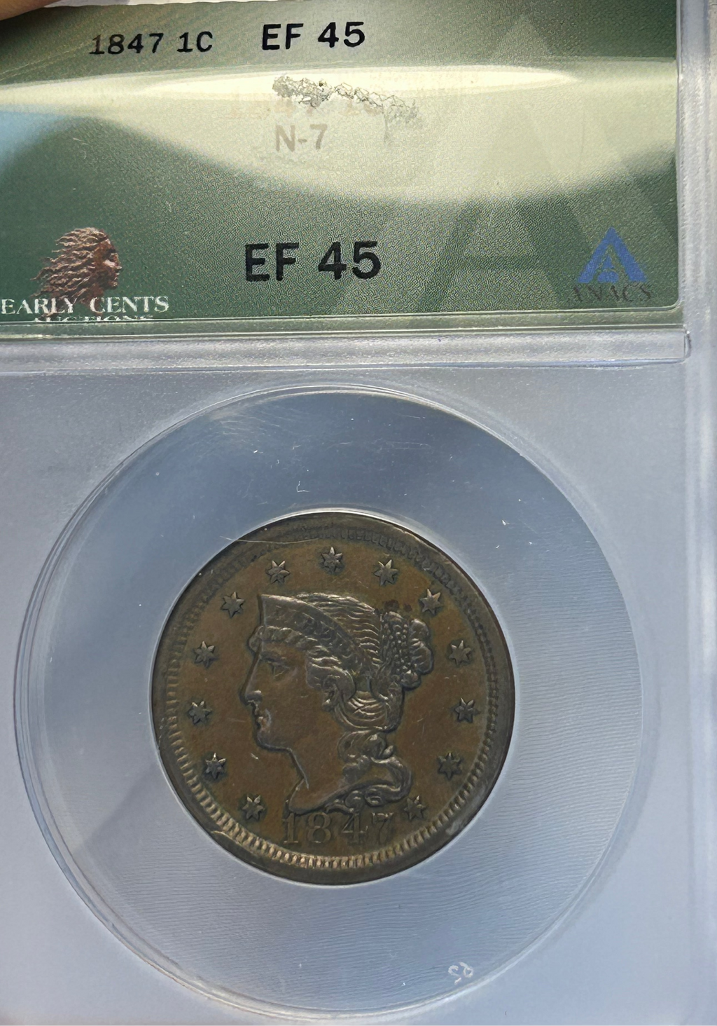 1847 Braided Hair Large Cent - ANACS EF-45