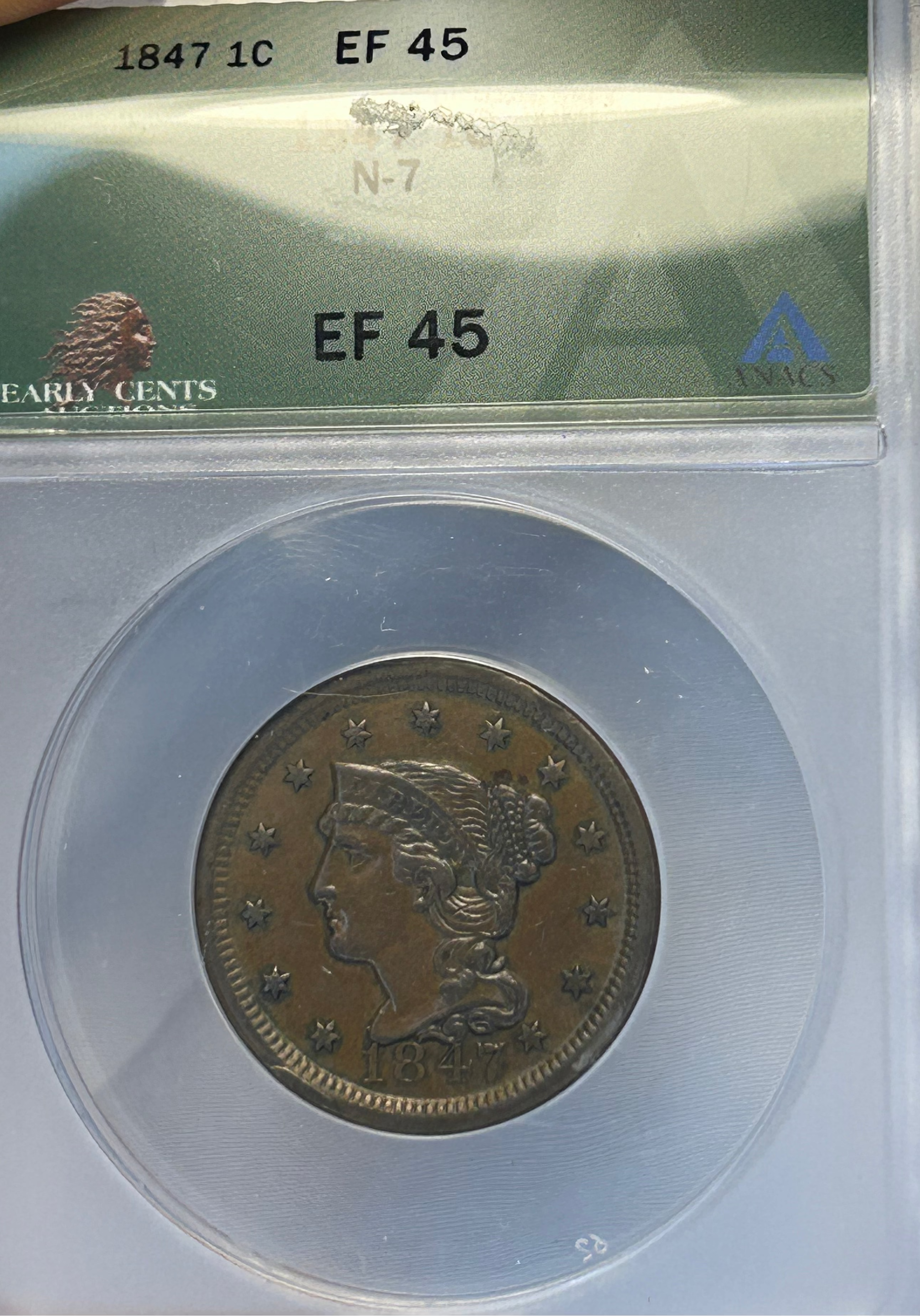 1847 Braided Hair Large Cent - ANACS EF-45
