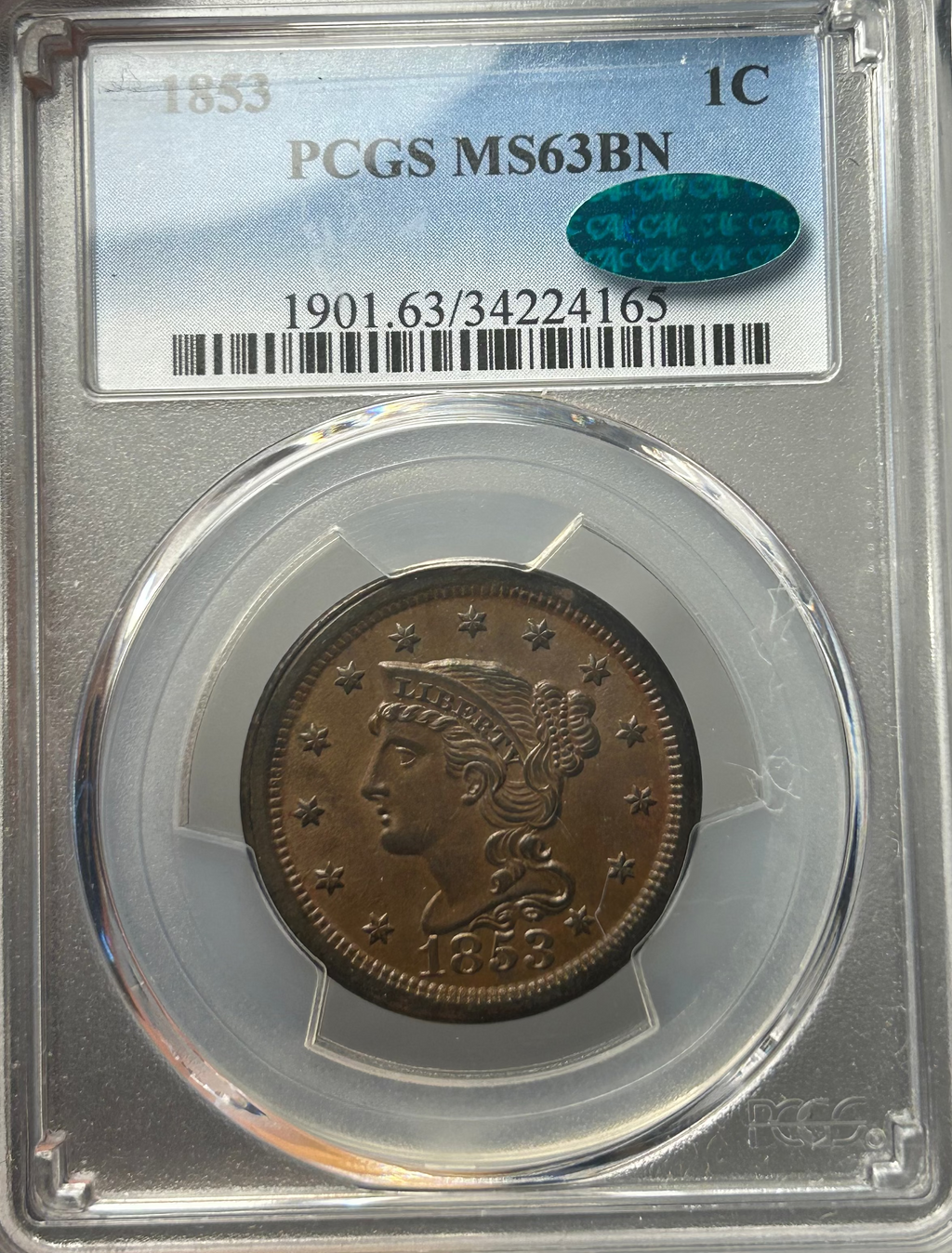 1853 Braided Hair Large Cent - PCGS MS-63 BN CAC
