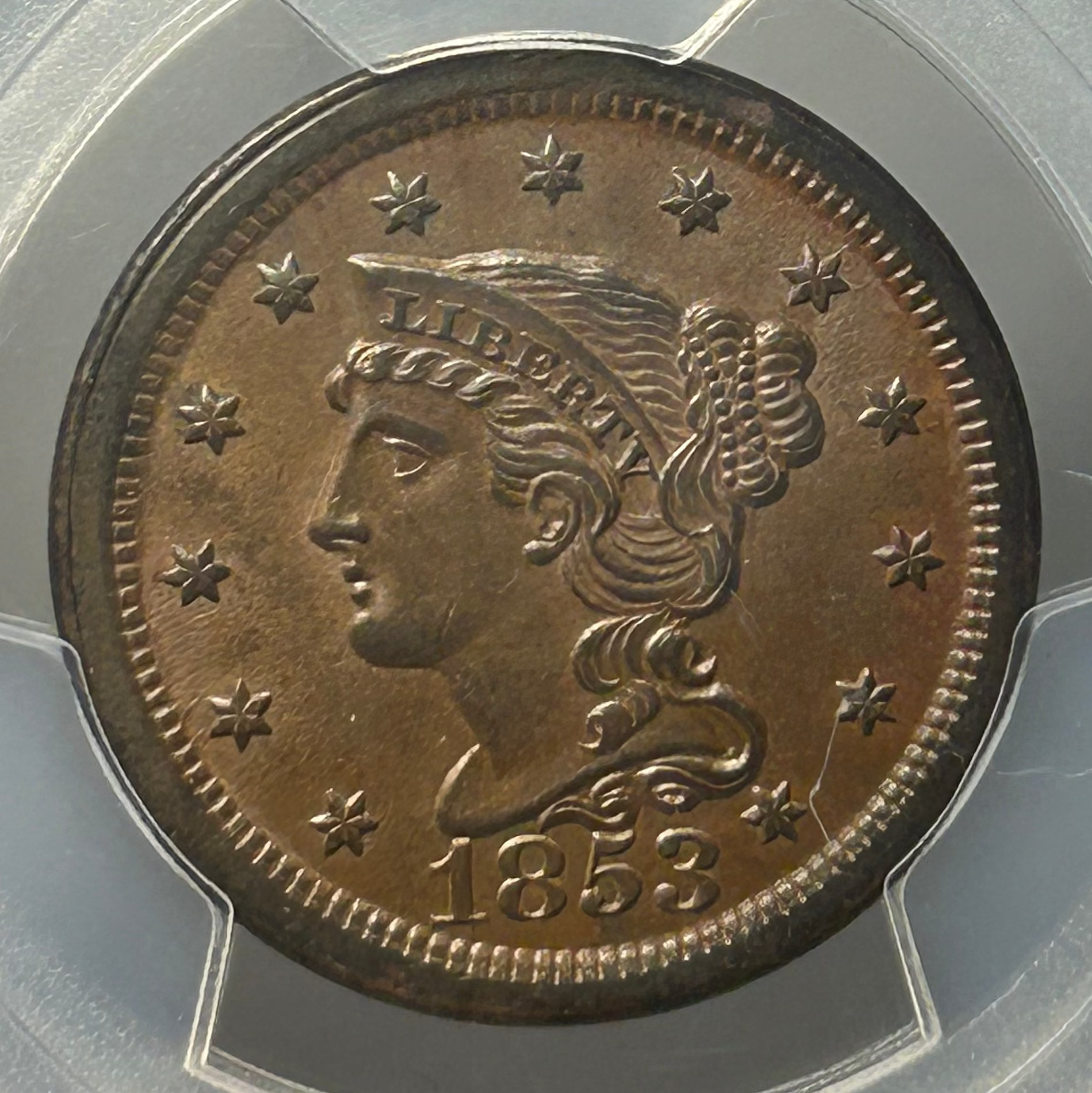 1853 Braided Hair Large Cent - PCGS MS-63 BN CAC