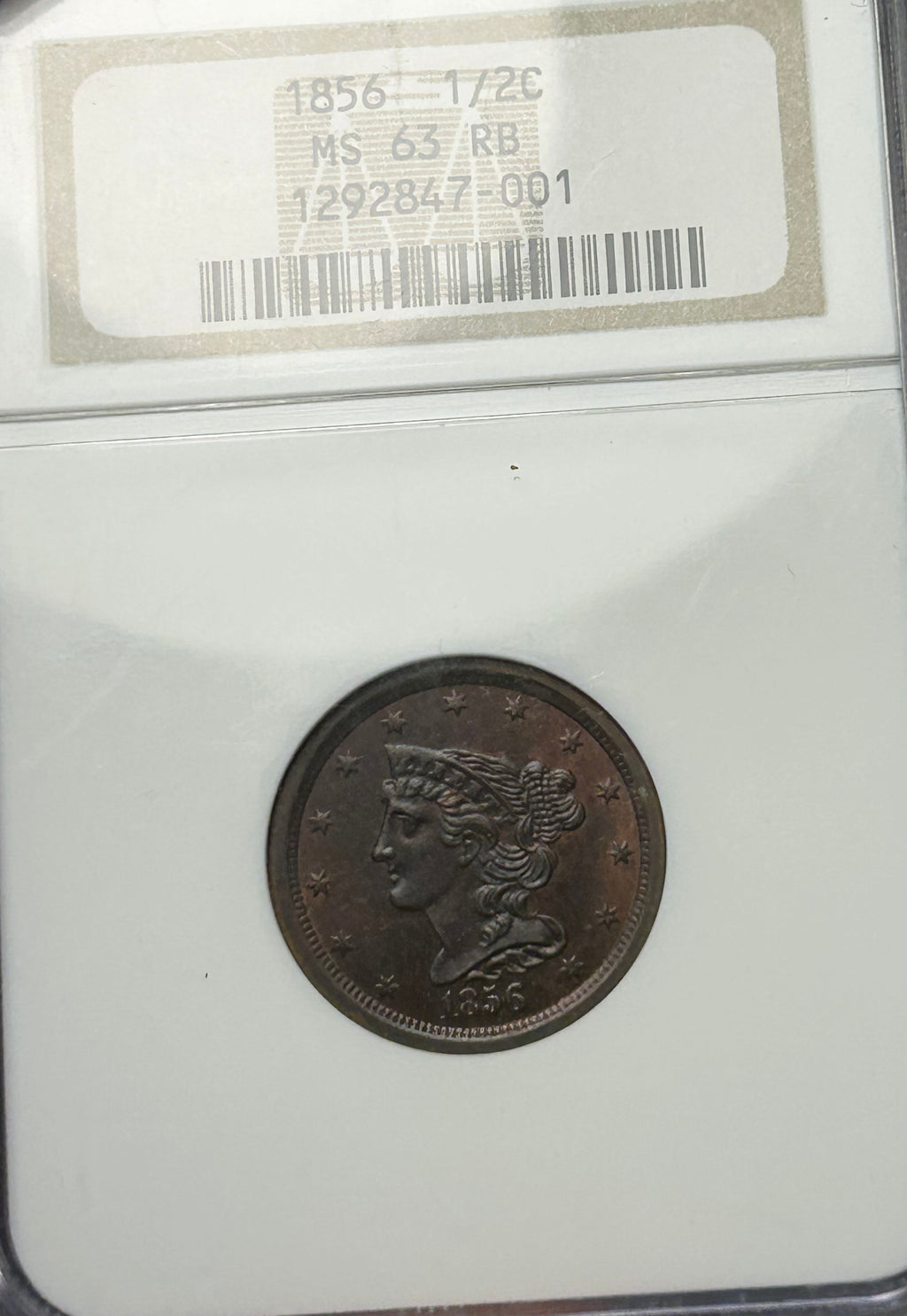 1856 Braided Hair Half Cent - NGC MS-63 RB