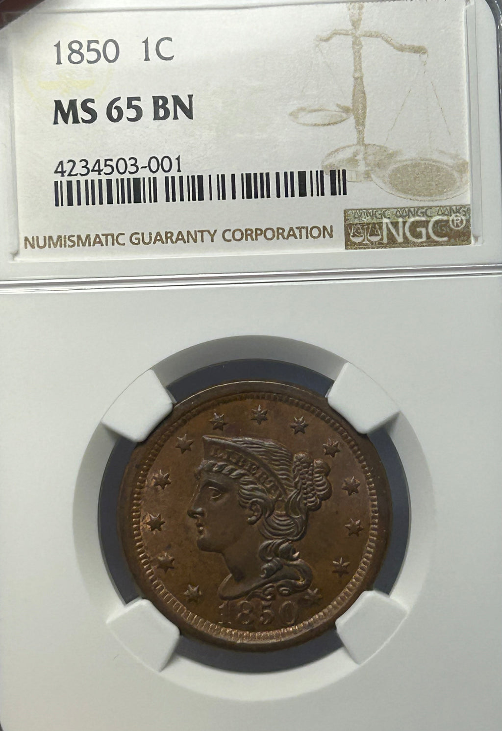 1850 Braided Hair Large Cent - NGC MS-65 BN