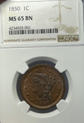 1850 Indian Head cent coin graded MS 65 BN by Numismatic Guaranty Corporation.
