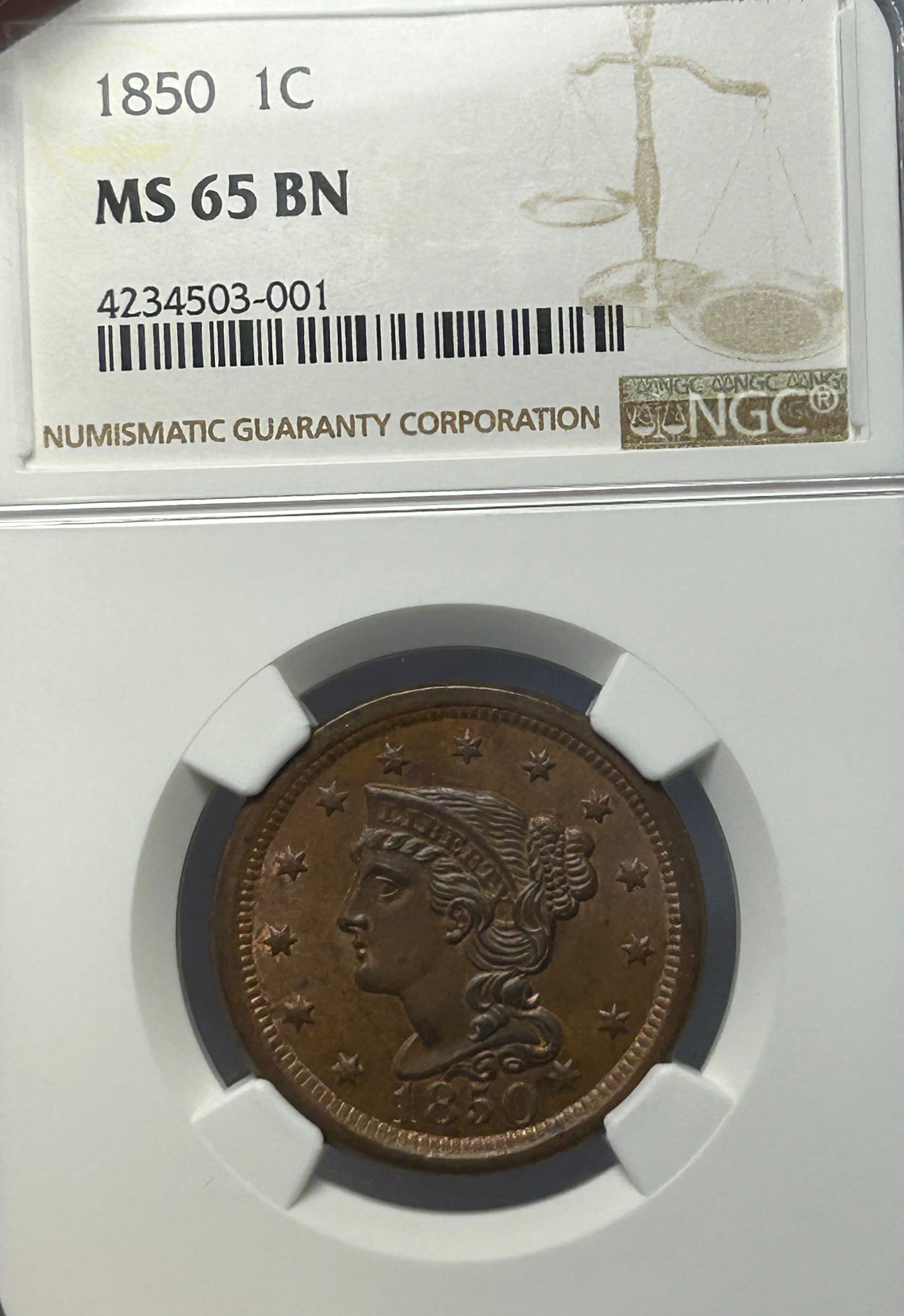 1850 Braided Hair Large Cent - NGC MS-65 BN
