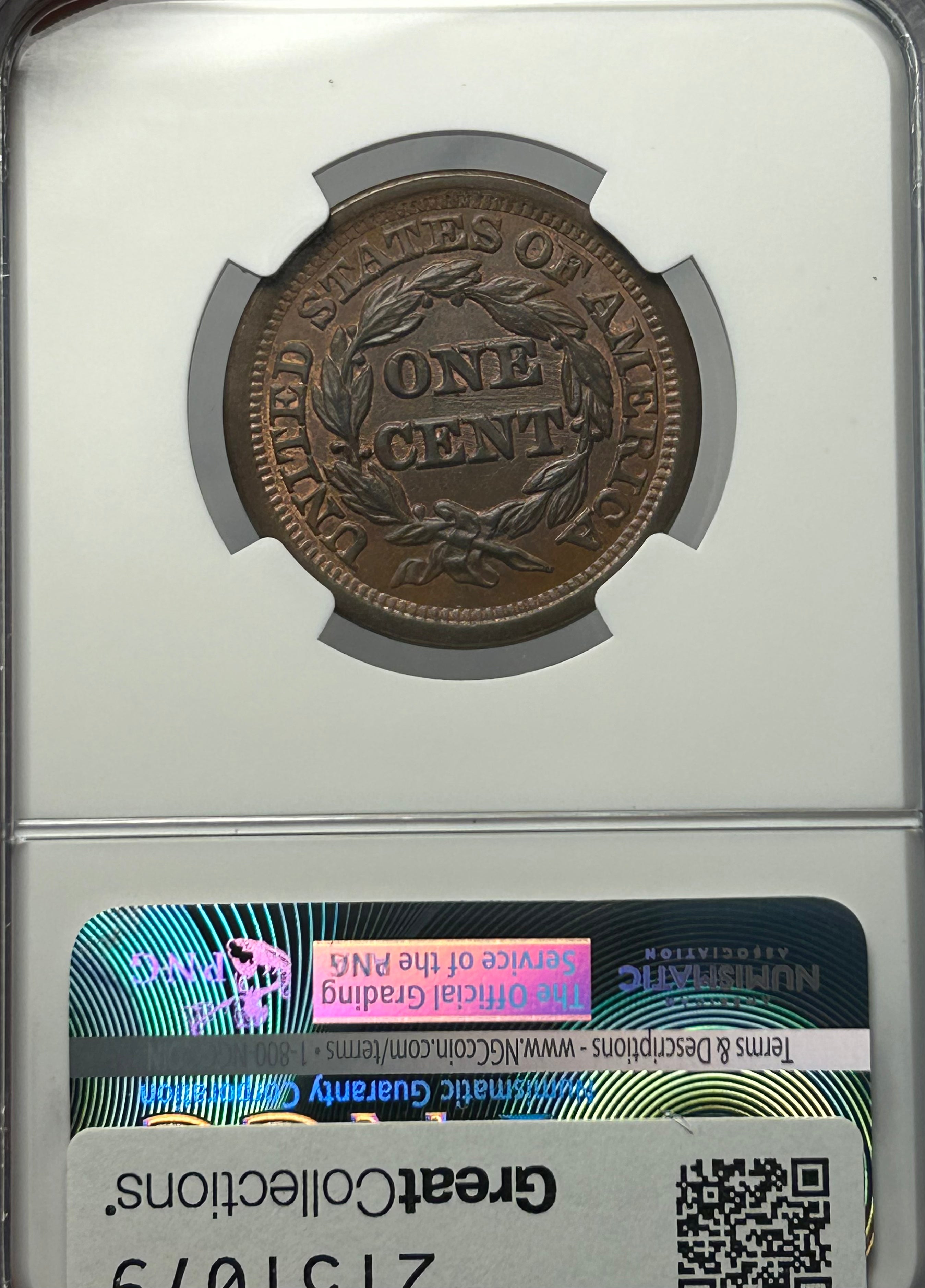 1850 Braided Hair Large Cent - NGC MS-65 BN