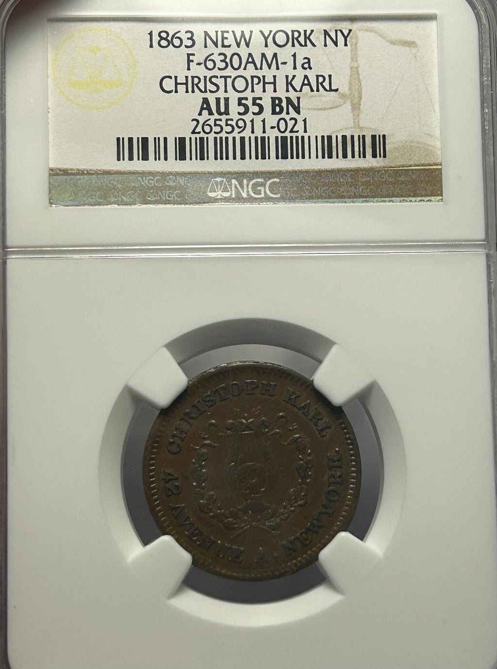 1863 New York Christoph Karl Civil War Token (F-630AM-1a) - NGC AU-55