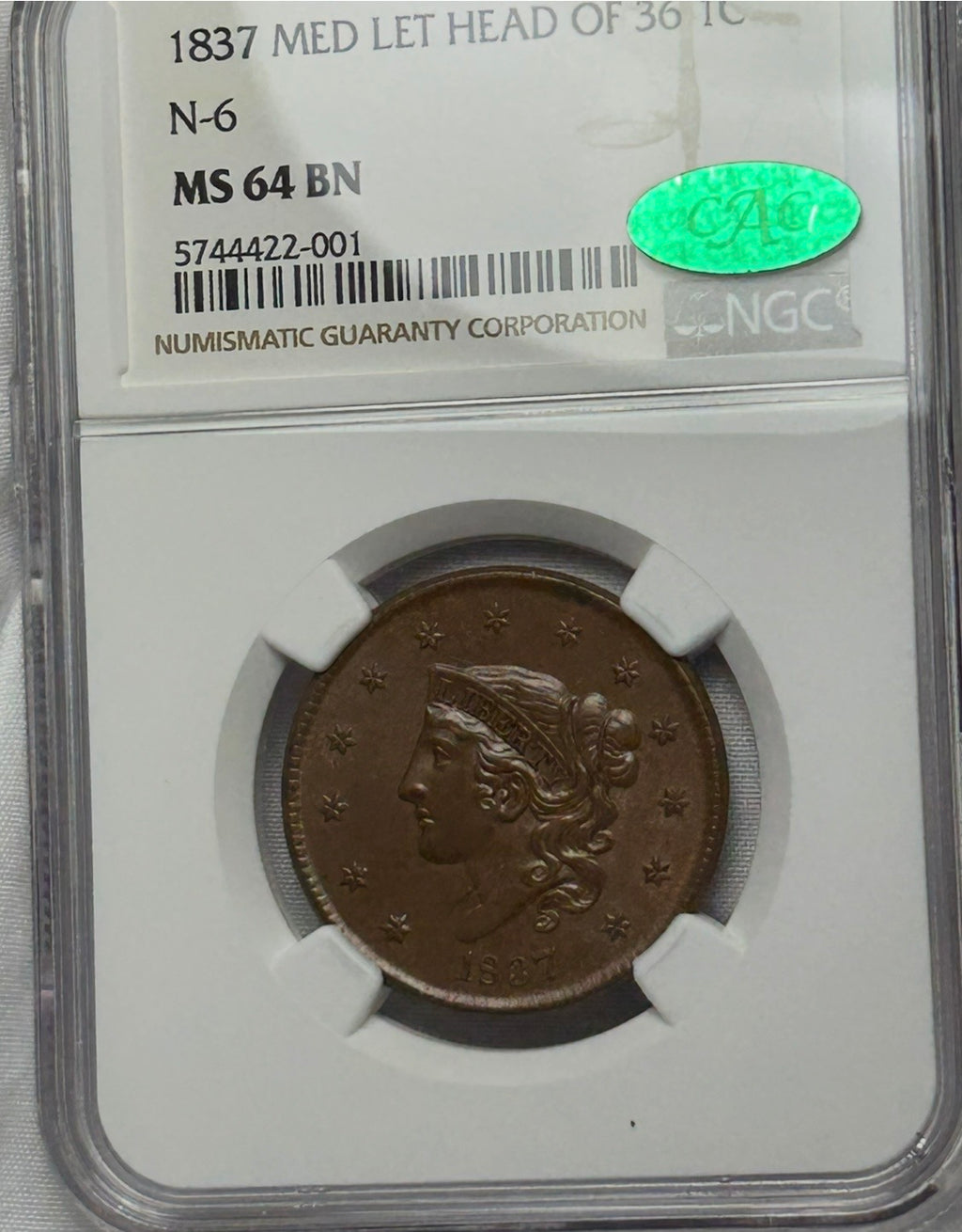 1837 Coronet Head Large Cent - NGC MS-64 CAC