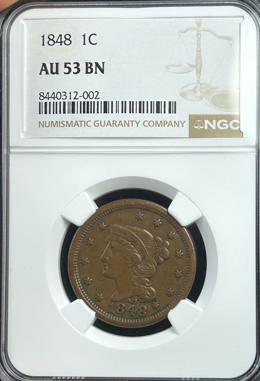 1848 Braided Hair Large Cent - NGC AU-53