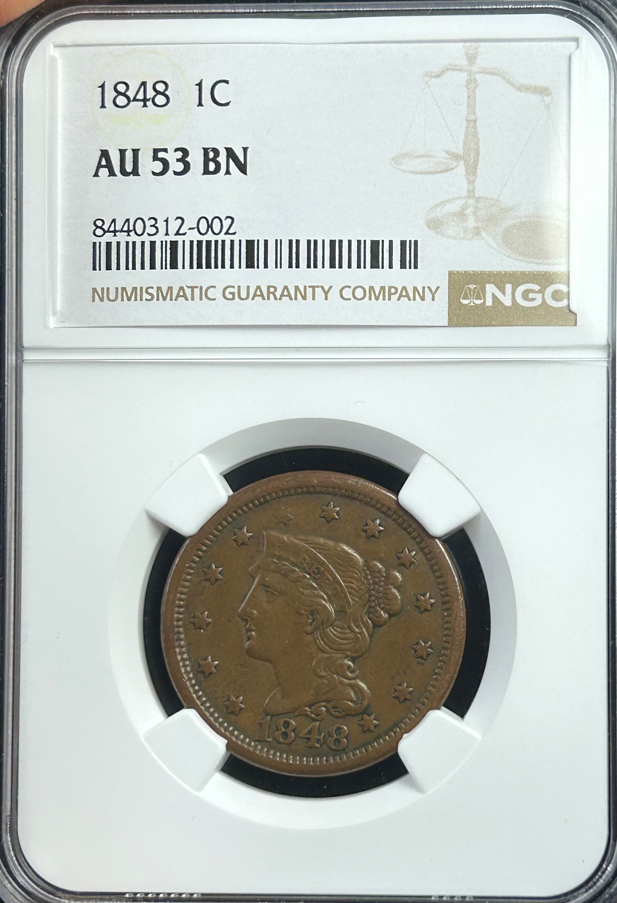 1848 Braided Hair Large Cent - NGC AU-53