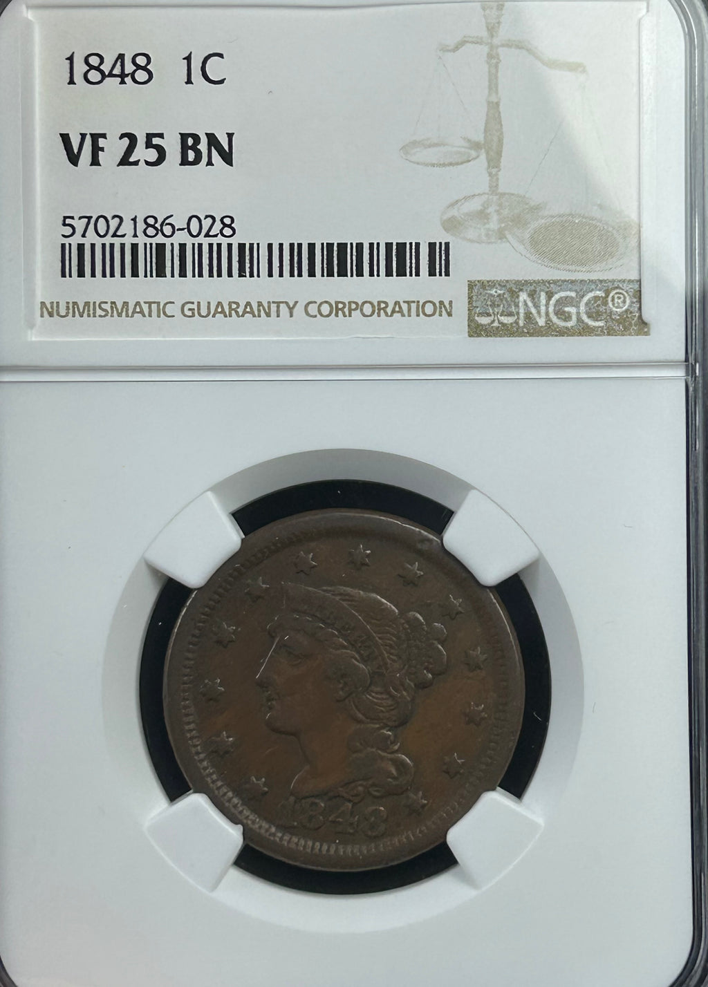 1848 Braided Hair Large Cent - NGC VF-25