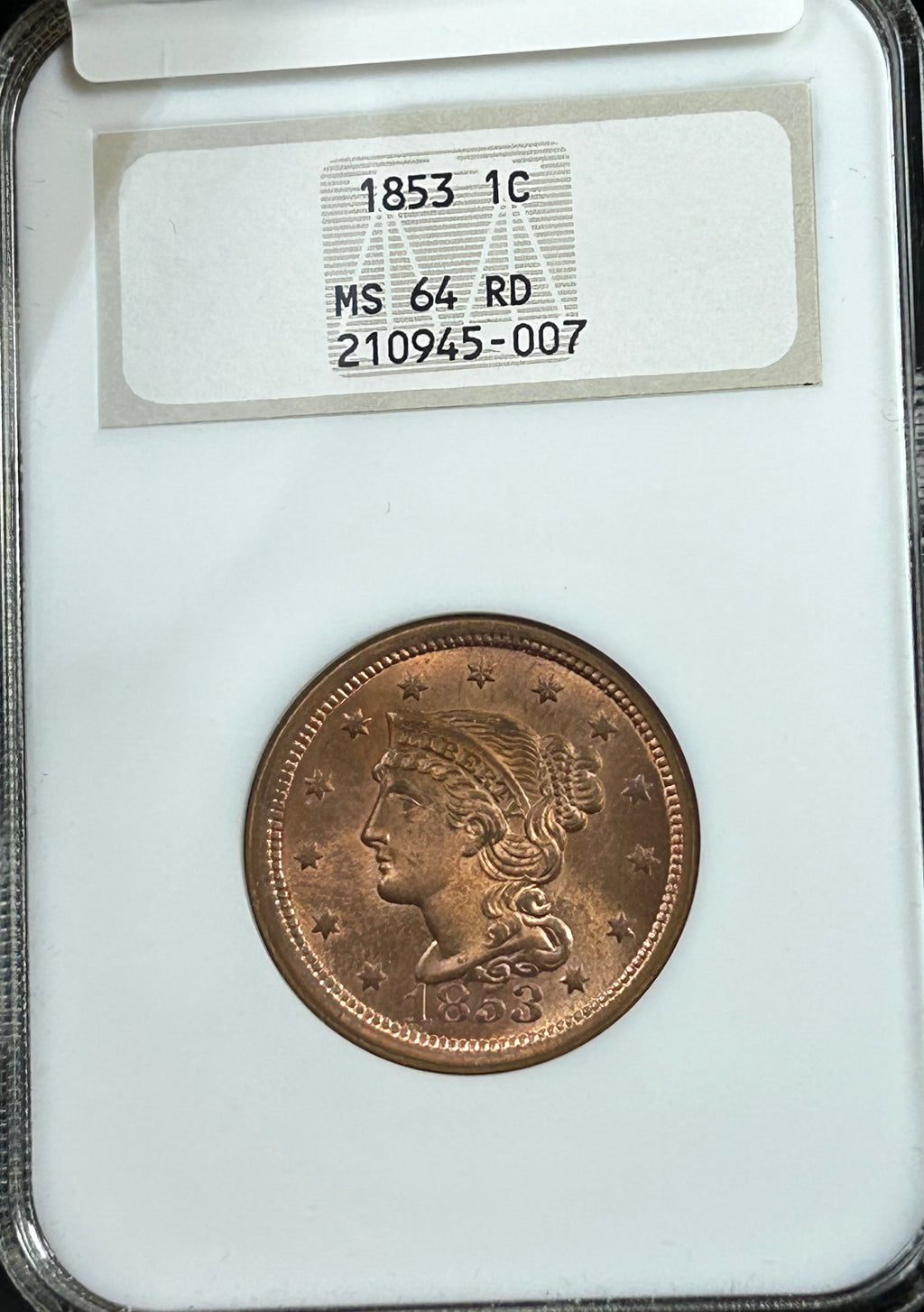 1853 Braided Hair Large Cent - NGC MS-64 RD