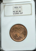 1853 Braided Hair Large Cent - NGC MS-64 RD