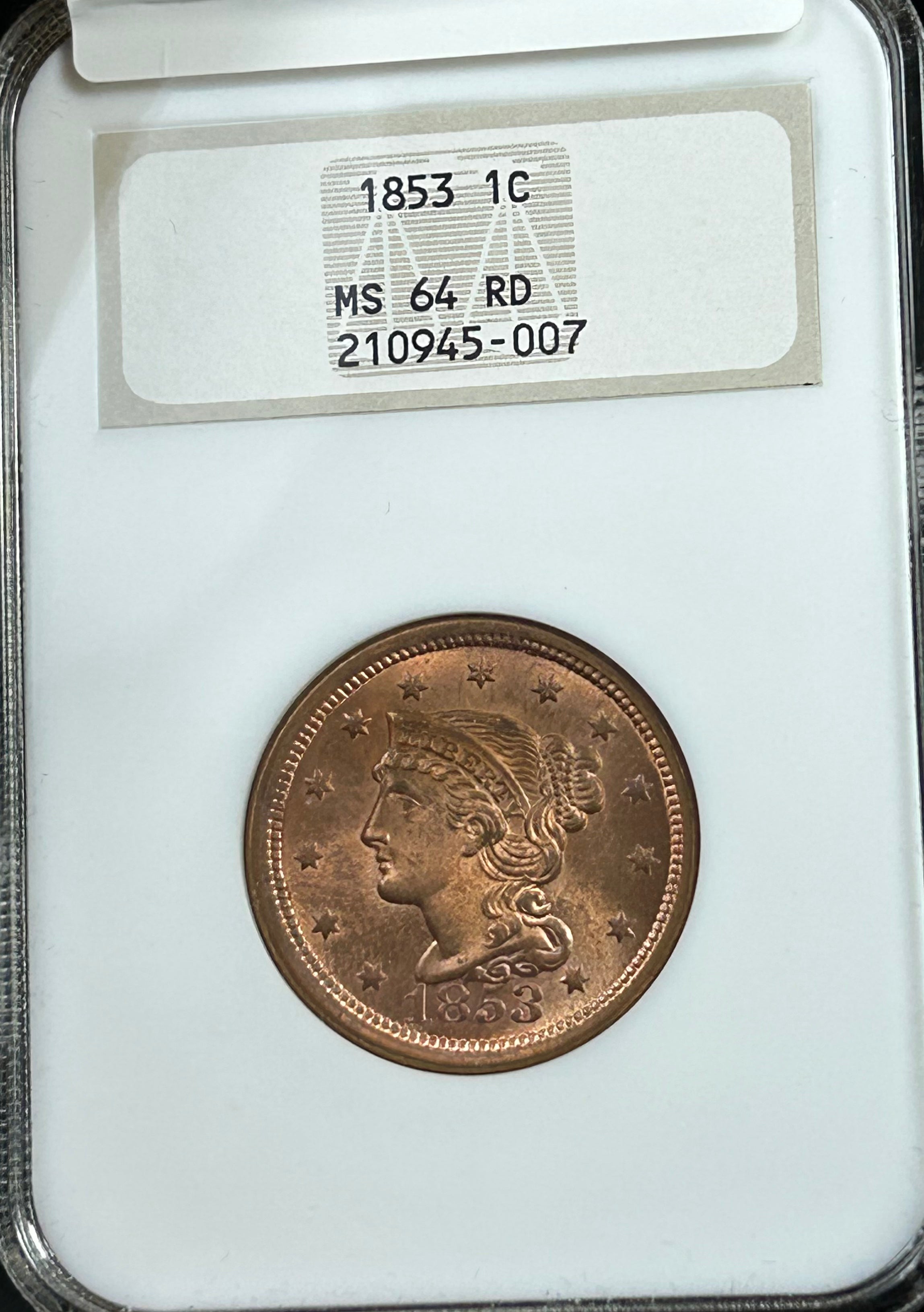 1853 Braided Hair Large Cent - NGC MS-64 RD