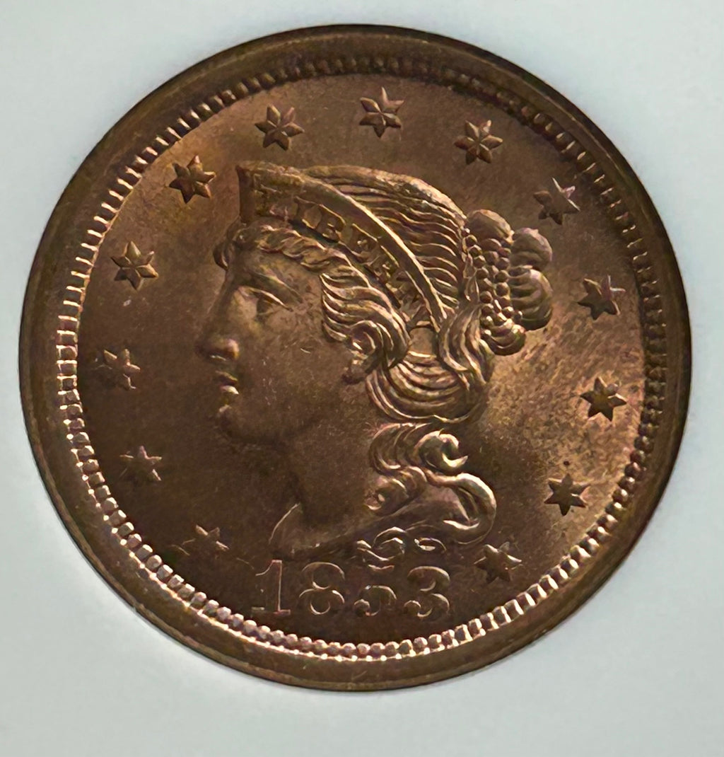 1853 Braided Hair Large Cent - NGC MS-64 RD