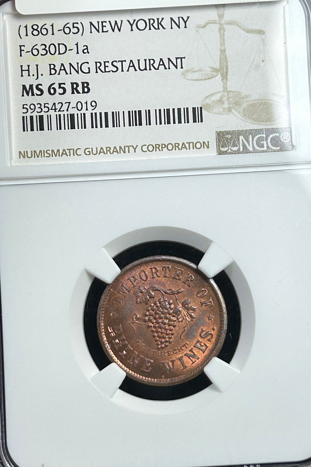 F-630D-1a HJ Bang Restaurant Civil War Token - NGC MS-65 RB