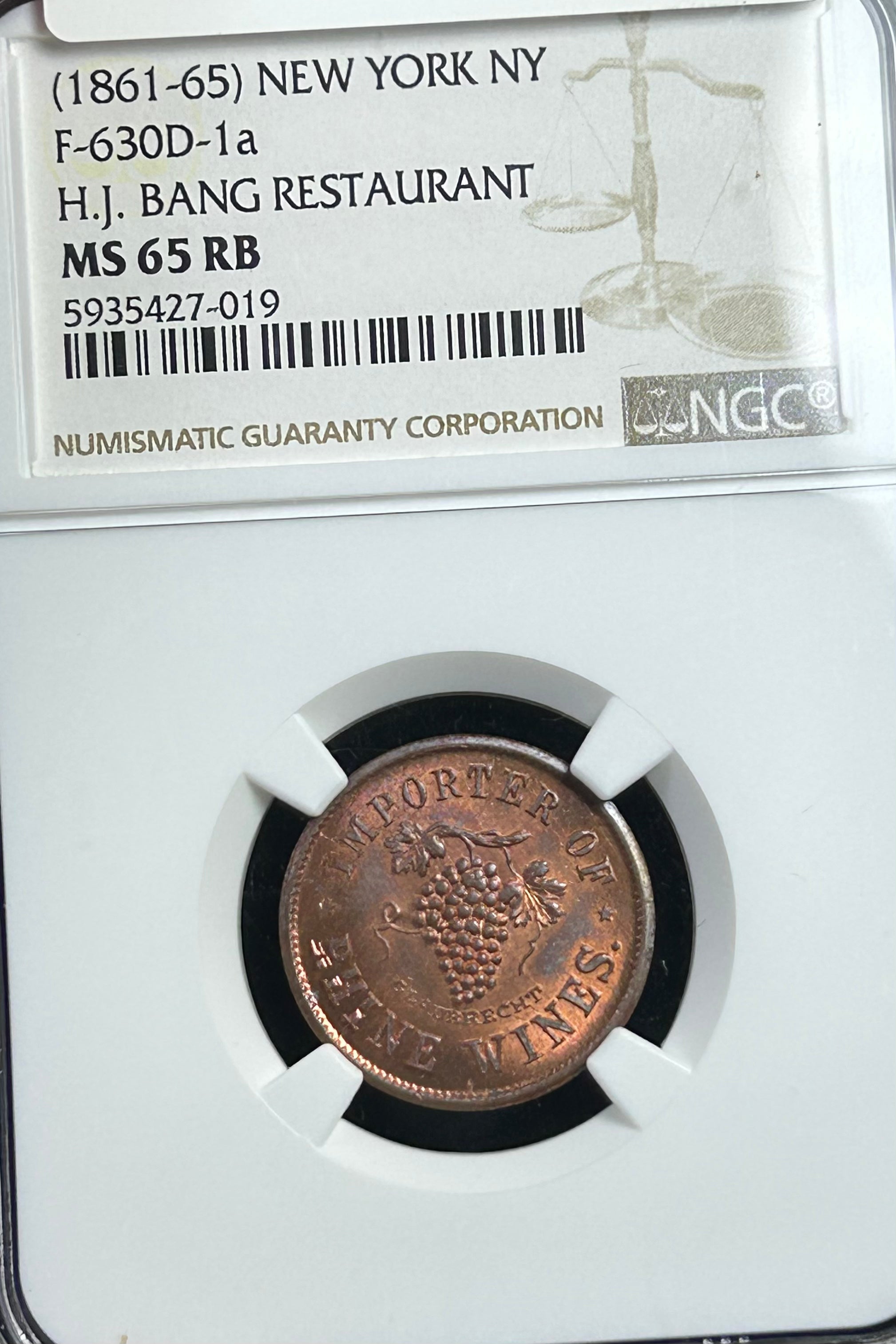 F-630D-1a HJ Bang Restaurant Civil War Token - NGC MS-65 RB
