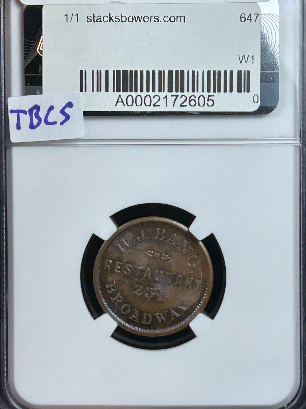 F-630D-1a HJ Bang Restaurant Civil War Token - NGC MS-65 RB